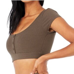 Alo Yoga Blissful Henley bra top Hot Cocoa
